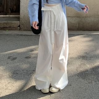 Striped Crop Cami Top / Long-Sleeved Collared Shirt / Plain High-Rise Baggy Pants / Set