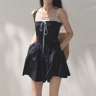 Spaghetti Strap Square Neck Plain Lace Trim A-Line Dress (Various Designs)