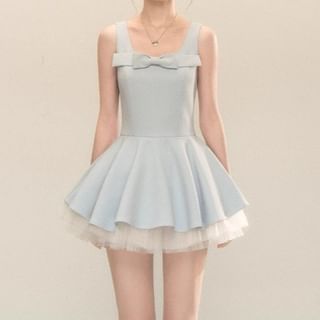 Sleeveless Square Neck Plain Bow Detail Mini A-Line Dress