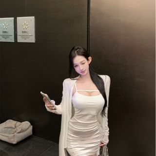 Scoop-Neck Spaghetti-Strap Cami & Ruched High-Waisted Mini Pencil Skirt with Long Light Jacket