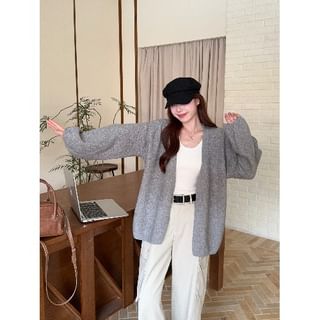 Textured Open Front Plain Knit Cardigan