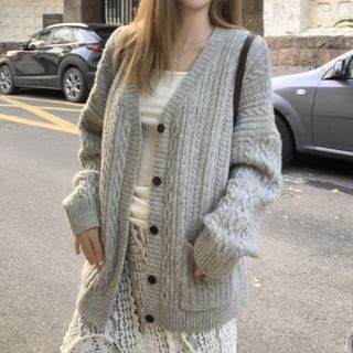 V-Neck Button-Up Cable Knit Cardigan