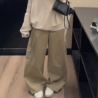 V-Neck Plain Drawstring Sweater / Lace Trim Cami Top / High Rise Baggy Cargo Pants