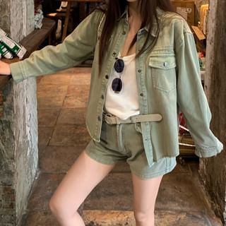 Long-Sleeve Collared Washed Denim Button Shirt / High Waist Washed Denim Shorts with Belt