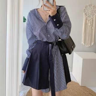 Striped Button-Up Tunic Shirt Dress & Pleated Hem Set Long Sleeve