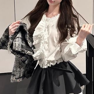 Plaid Tweed Jacket / Long-Sleeve Plain Blouse / Mini Skirt