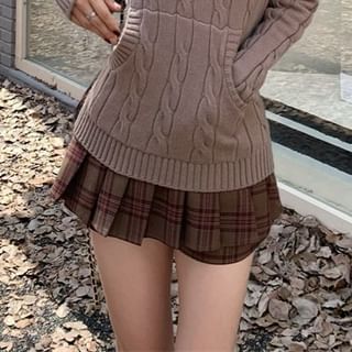 V-Neck Hooded Cable Knit Top and Plaid Pleated Mini Skirt