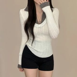 Mock Two-Piece Cable Knit Top with Long Sleeves, V-Neck, and Collar