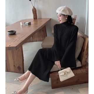 Set: Batwing-Sleeve Turtleneck Cable Knit Crop Top + Sleeveless Round Neck Slit Maxi Sheath Knit Dress
