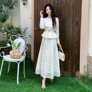 Set: Long-Sleeve Stand Collar Peplum Lace Blouse + High Waist Maxi A-Line Skirt