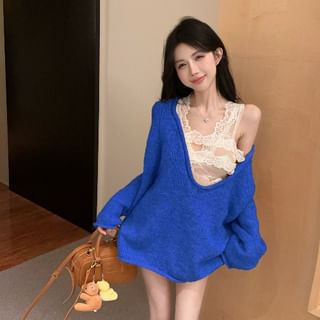 V-Neckline Lace Insert Plain Knit Sweater