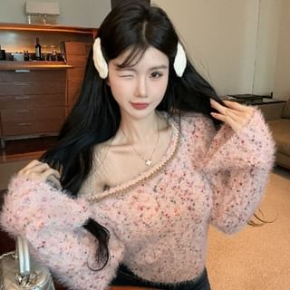 Flared Sleeve Square Neckline Melange Knit Shirt
