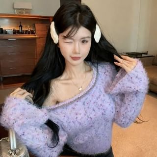 Flared Sleeve Square Neckline Melange Knit Shirt