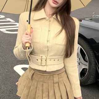 Collared Belted Hook And Eye Tweed Crop Jacket / High Waist Plain Pleated Mini A-Line Skirt