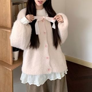 Crewneck Frill Trim Button-Up Plain Cardigan