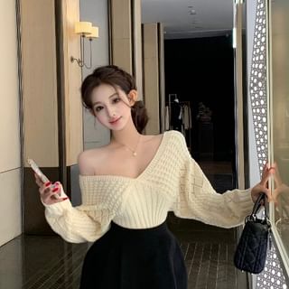 Off Shoulder Plain Pointelle Sweater & High Waist Plain Mini A-Line Skirt