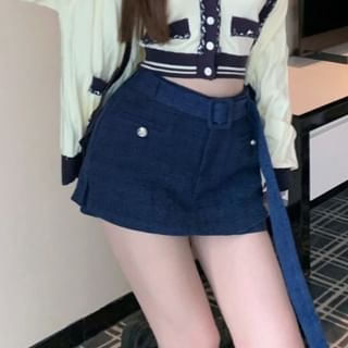 Contrast Trim Buckled V-Neck Knit Crop Camisole and Pencil Skirt with Cardigan