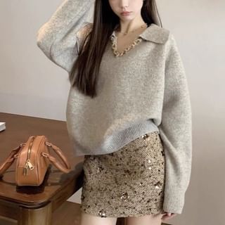 V-Neck Collared Knit Pullover