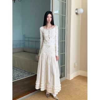 Lace Long Sleeve Top with High-Waist Maxi Skirt