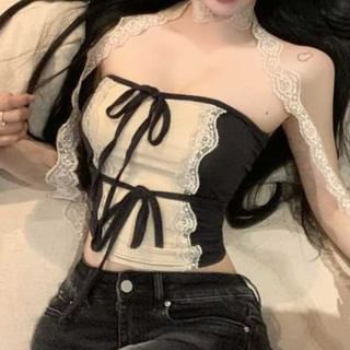 Two-Tone Tube Top Set with Lace Trim and Skinny Scarf