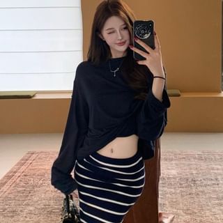 Crew Neck Tee with Striped Maxi Pencil Skirt