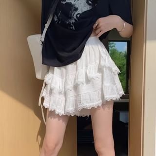 Balletcore Lace Trim Tiered Mini Skort with High Waist