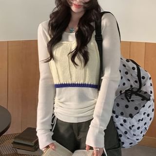 Crew Neck Drawstring Knit Top and Contrast Trim Crop Camisole Set