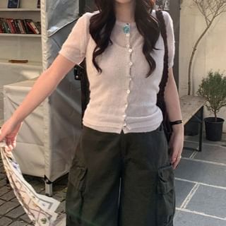 Button-Up Cardigan with Short Sleeves and Scoop Neck Tank Set