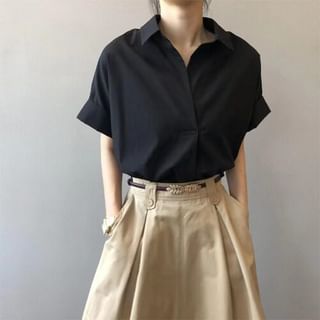 Open Placket Collared Short-Sleeve Shirt