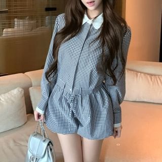 Gingham Long-Sleeve Shirt with High-Waist Shorts
