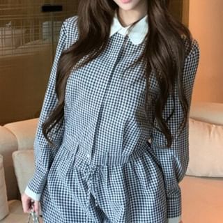 Gingham Long-Sleeve Shirt with High-Waist Shorts