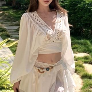 Puff-Sleeve Blouse with V-Neck and Maxi A-Line Skirt