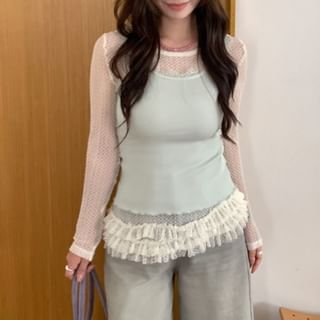 Long-Sleeve Crew Neck Ruffle Hem Lace Top