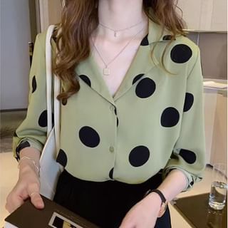 Polka Dot Collared Long-Sleeve Blouse