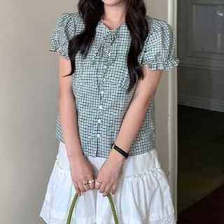 Plaid Puff-Sleeve Blouse with Tie Neck and Buttons