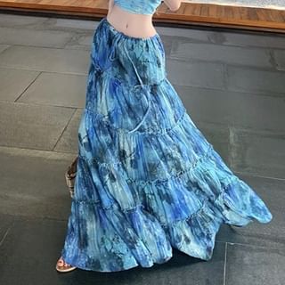 Tie Dye Ruched Crop Tube Top and Frill Trim Maxi Skirt Set