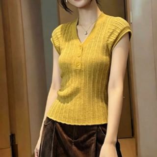 Henley V-Neck Knit Top with Short Sleeves