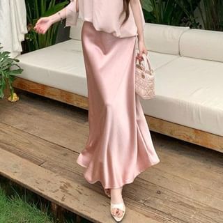 Off-Shoulder Asymmetrical Top with Satin Mini Pencil and Mermaid Skirt Set