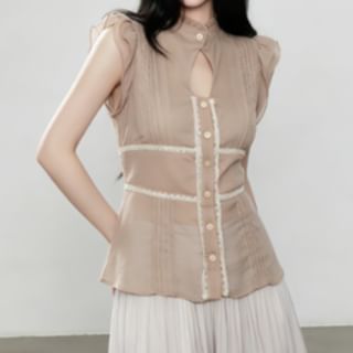 Sleeveless Plain Lace Trim Cutout Ruffle Blouse