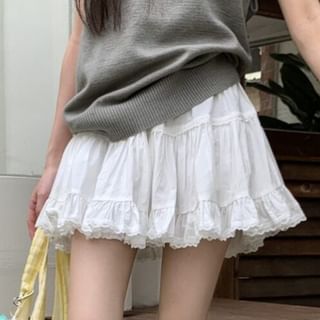 Mid Rise Plain Mini Ruffle Trim A-Line Skirt
