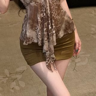 Strapless Leopard Ruched Sheer Top / Mid Rise Ruched Mini Pencil Skirt (Various Designs)