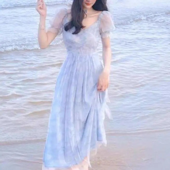 Lace Chiffon Fairy Dress Casual Puff Sleeve Cute Summer Dress MK16912