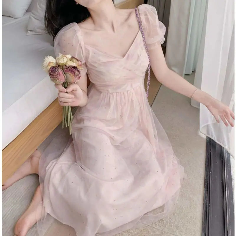 Lace Chiffon Fairy Dress Casual Puff Sleeve Cute Summer Dress MK16912