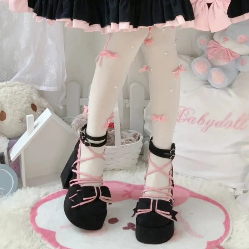 Kawaii Aesthetic Y2K Cute Fairy Lace Up Bowknot Lolita High Heels MK Kawaii Store