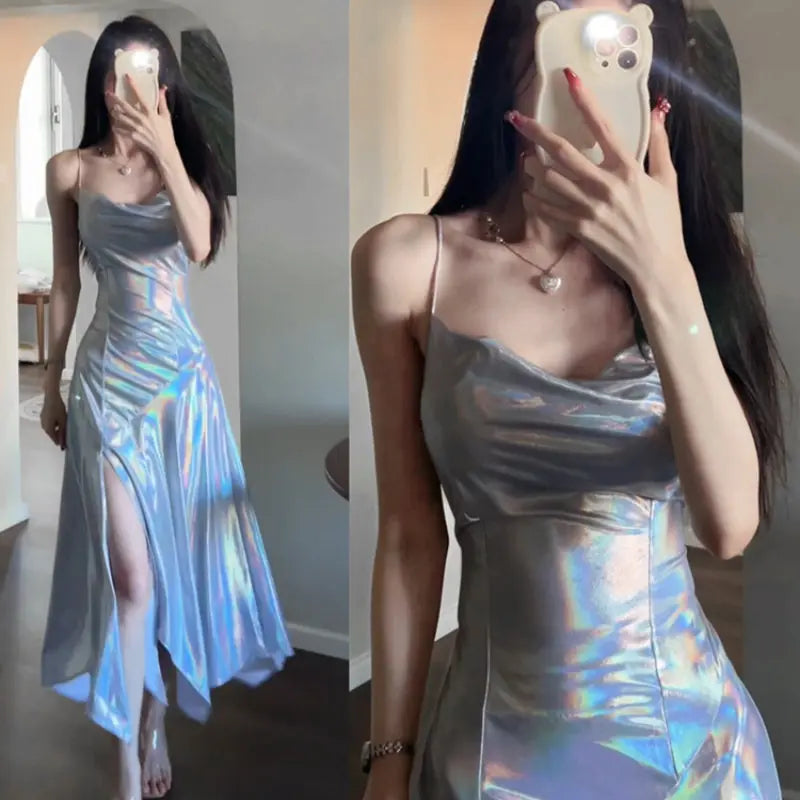 Kawaii Aesthetic Y2K Cute Fairy Laser Irregular Flowing Dress MK Kawaii Store