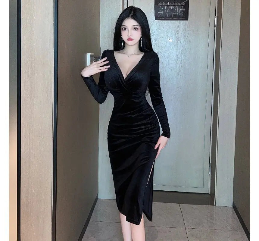 Kawaii Long-Sleeve V-Neck Plain Midi Bodycon Dress PP4