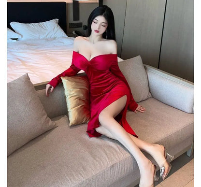 Long-Sleeve V-Neck Plain Midi Bodycon Dress PP4