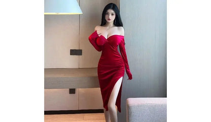 Long-Sleeve V-Neck Plain Midi Bodycon Dress PP4