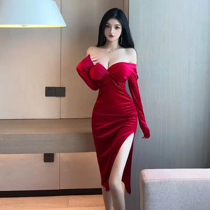 Long-Sleeve V-Neck Plain Midi Bodycon Dress PP4