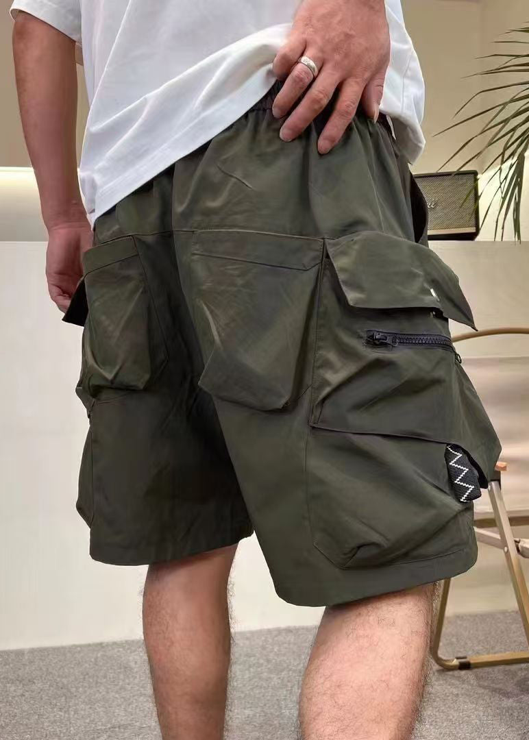 Loose Army Shorts Summer Mens Up Pockets Waist Elastic Green Cotton Zip